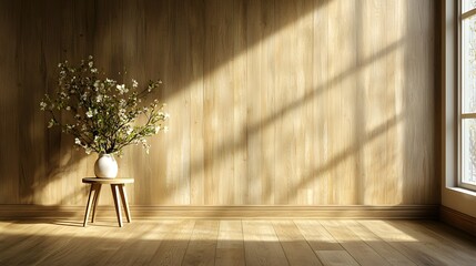 Poster - Bright and airy wooden room with natural sunlight pouring through the window casting warm shadows on the clean minimalist interior  The space exudes a sense of tranquility and harmony with its simple