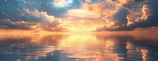 Wall Mural - beautiful fantasy background with white clouds in the sky, stars and reflections on the water