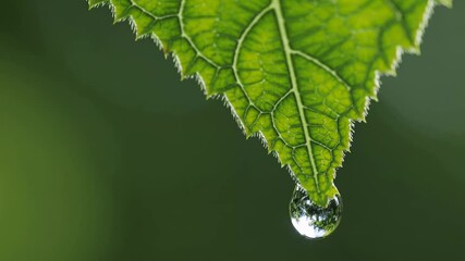 Poster - Capturing the beauty of nature with a drop of water hanging from a leaf in a serene setting