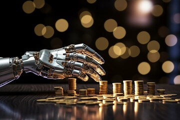 Robotic arm stacking gold coins on a dark reflective surface, representing concepts of artificial intelligence in finance, investment, and technological advancement