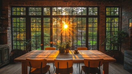 sunset through a window in a rustic home