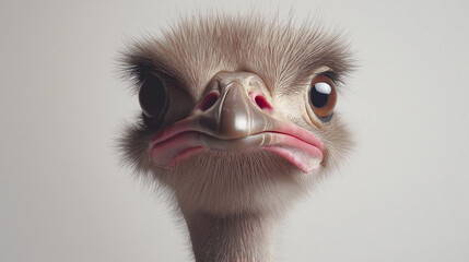 a close up ostrich head with beautiful brown eyes isolated on gray background