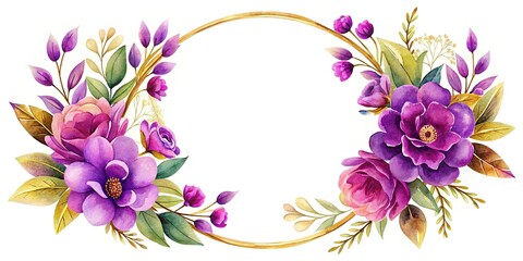 Wall Mural - Watercolor Purple Floral Wreath Golden Circle