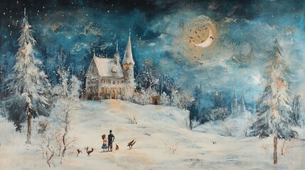 Wall Mural - Couple admires a snow-covered castle at night under a crescent moon.