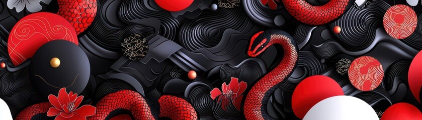 Poster - Contemporary Black and Red Snake Motif Featuring Dynamic Patterns and Floral Elements in Abstract Design