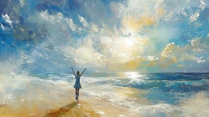 Wall Mural - Person stands at beach with arms raised to sky.