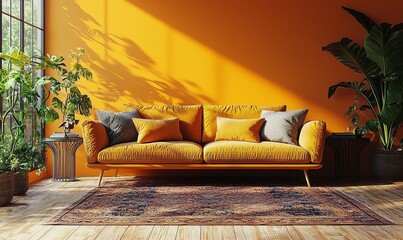 Poster - The ambiance of a modern cozy living room is complemented by a soft sofa and detailed wall texture