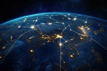 Poster - Global network connections at night, Earth, Asia, data flow, communication