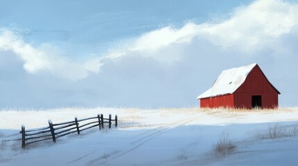 Wall Mural - Serene Winter Landscape: A Red Barn Under a Snowy Sky