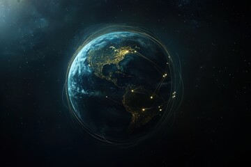 Poster - Global network connections orbiting Earth at night, space background, technology illustration