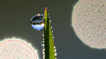 Poster - Stunning close-up of water droplets on a grass blade reflecting vibrant colors at sunrise in nature