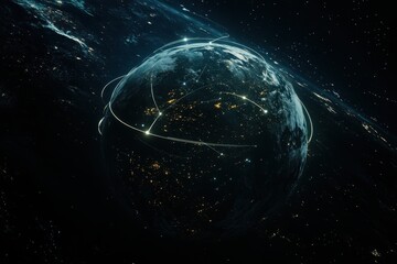 Poster - global network connections orbiting earth at night, space background, digital communication