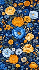 Fototapete - Pixelated Floral Pattern with Blue and Orange Flowers on Dark Background