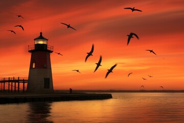 Poster - Lighthouse illuminating the sea at sunset with birds flying, creating a serene and picturesque maritime scene