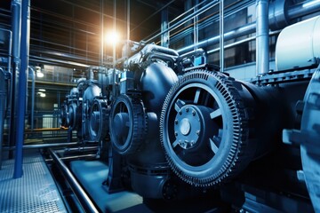 Poster - Industrial machinery stands in a large factory with bright overhead lighting at night