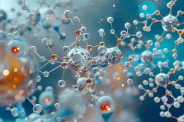 Poster - 3d rendering of a molecular structure, atoms connected with bonds, creating a scientific network on a blue background