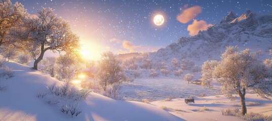 Wall Mural - Frozen Wonderland, Winter Landscape with Snow Covered Trees, Mountains and Full Moon in Cloudy Sky