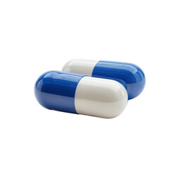 Pharmaceutical Duo: Two blue and white capsules in a sterile setting. This image captures the essence of modern medicine and healthcare solutions.