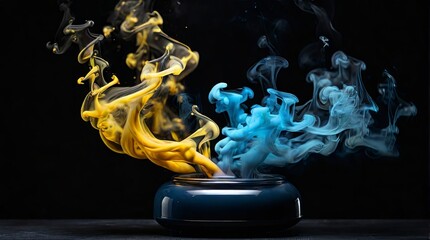Poster - Vivid swirls of blue and yellow smoke emerge from a round vessel against a dark backdrop, creating an eye-catching and dynamic visual effect that captivates the viewer