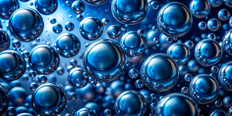Poster - An array of blue bubbles gently floats in a serene underwater environment, capturing light and creating captivating reflections that enhance the tranquil atmosphere