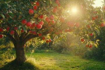 Poster - Apple orchard during sunrise with ripe fruit hanging from the branches