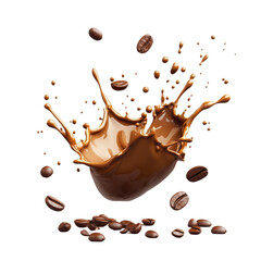 Aufkleber - A dynamic image of a coffee splash with roasted beans in mid-air against a white background.
