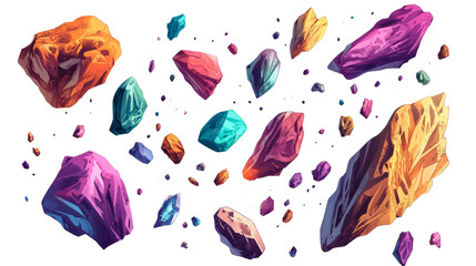 Poster - The image depicts numerous vibrant and colorful crystals or gemstones floating in a dark, seemingly boundless space.