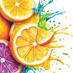 Poster - A stylized illustration depicts juicy citrus fruit slices with vibrant colorful juice splashing dynamically across a white background.