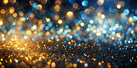 Poster - A vibrant display of golden and blue bokeh lights fills the scene with a festive atmosphere. This dazzling backdrop is perfect for parties and other evening celebrations