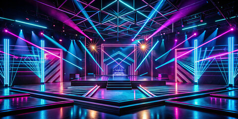 Poster - Bright neon lights illuminate a contemporary performance stage, showcasing an eye-catching design with strategic lighting and geometric patterns, perfect for entertainment events
