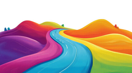 Poster - A digitally painted illustration depicts a winding blue road through a landscape of colorful rolling hills in a rainbow spectrum.