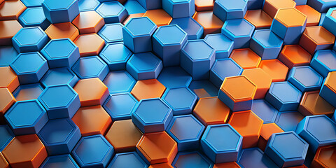 Poster - Interlocking blue and orange hexagons form a captivating abstract pattern, showcasing depth and texture in a dynamic design. The composition is playful and visually striking