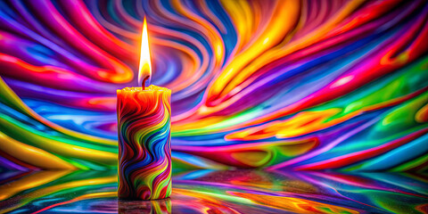 Poster - A brightly colored candle with swirling patterns stands tall against a rainbow-hued background. The warm flame adds a soothing glow to the dynamic, colorful display