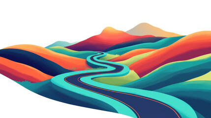 Aufkleber - A stylized illustration depicts a winding road snaking through a vibrant landscape of rolling hills in a variety of colors.