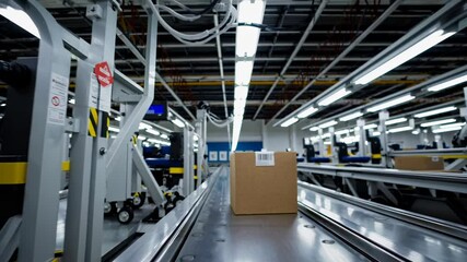 Poster - Automation in logistics warehouse features packages on conveyor and robotic systems working efficiently