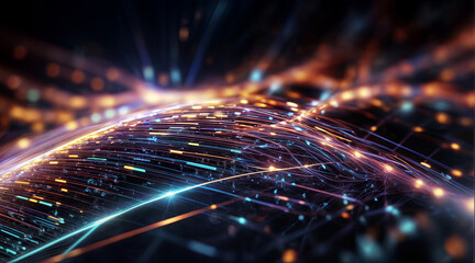 Poster - Bright and vibrant light trails intertwine in a mesmerizing pattern against a dark backdrop, illustrating movement and energy. The glowing particles add depth and texture to the visual