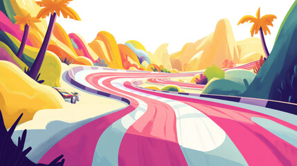 Poster - A vibrant abstract illustration depicts a winding race track through a stylized tropical landscape featuring colorful hills and palm trees.