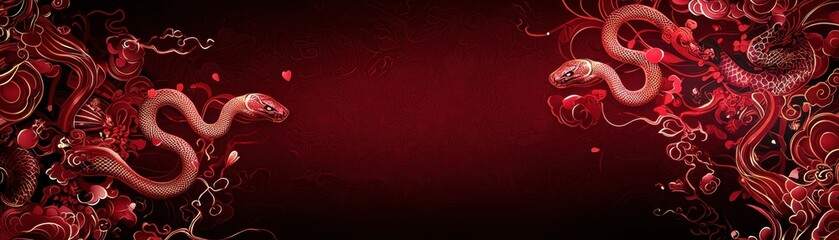 Poster - An Elegant Pattern with Intricate Snake Silhouettes on a Rich Red Background for Unique Art Designs