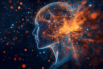 Poster - woman's face is shown in a computer generated image with a lot of orange and blue. The image is abstract and has a futuristic feel to it