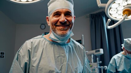 Poster - Surgeon prepares for a busy day in the operating room with a confident smile and professional demeanor