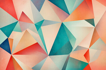 Poster - colorful abstract painting with a lot of triangles and squares. The colors are bright and bold, creating a sense of energy and movement. The overall mood of the painting is playful and dynamic
