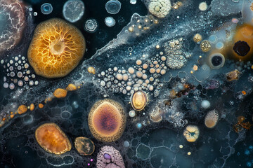 Aufkleber - colorful and chaotic image of various shapes and sizes, with some of them resembling mushrooms. Scene is one of confusion and disorder, as the different shapes