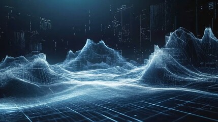 Poster - Abstract landscape with wireframe mountains and digital city in the background