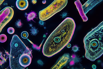 Aufkleber - colorful image of various microorganisms, including bacteria and viruses, is displayed. The vibrant colors and close-up view of the tiny organisms create a sense of wonder