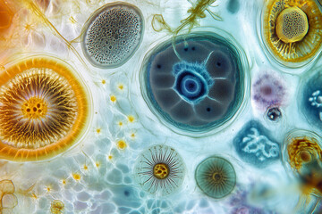 Aufkleber - colorful image of various shapes and sizes, including a large blue circle. Concept of diversity and complexity, with each shape representing a different aspect of life