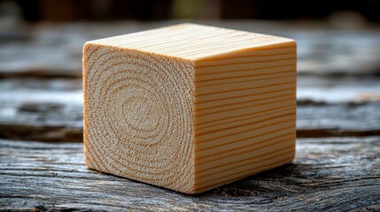 Close-up of a light-colored wooden cube on a rustic wood surface.