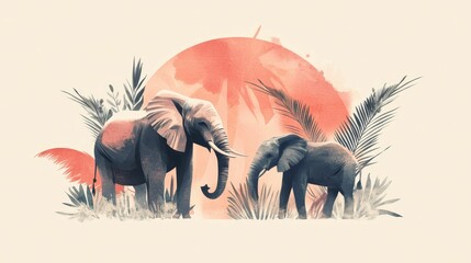 Naklejka na meble Two elephants stand beneath foliage and a red sun.