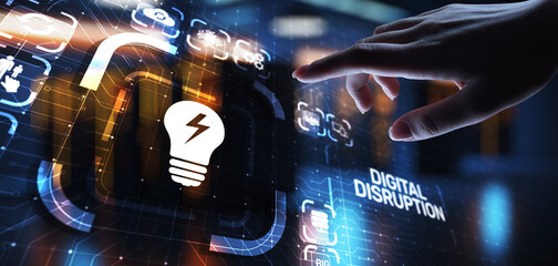 Poster - Digital Disruption. Disruptive business ideas. IOT internet of things, network, smart city and machines, big data, cloud, analytics, web-scale IT, Artificial intelligence, AI.