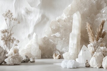 Wall Mural - White crystals with dried plants against textured backdrop.