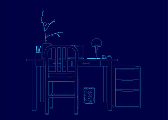 Poster - Blue drawing of a desk with a chair and a lamp. The chair is empty and the lamp is turned off